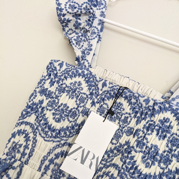 LAST ONE! ZARA EMBROIDERED MIDI DRESS WHITE & BLUE - Picture 13 of 17